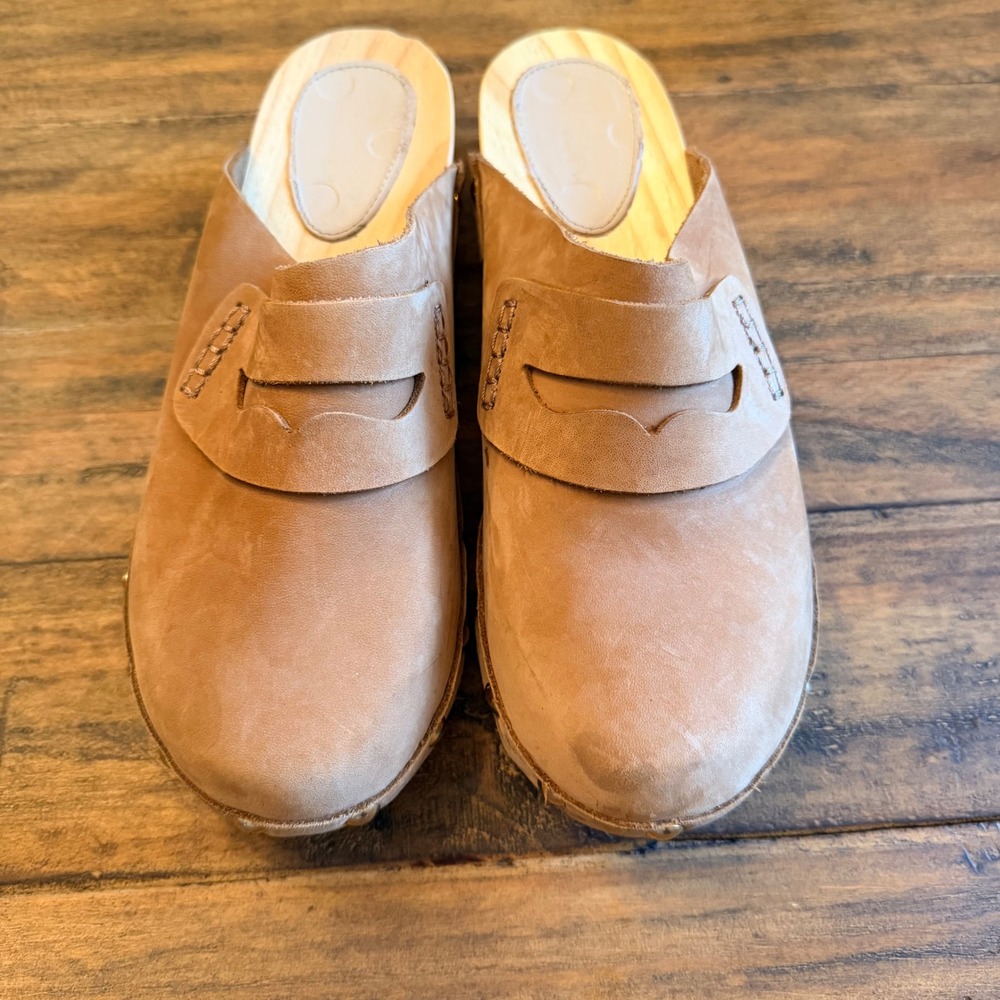Boden Tan Leather Penny Loafer Clogs Wooden Platform Studded Mules Womens 39 - Picture 3 of 7